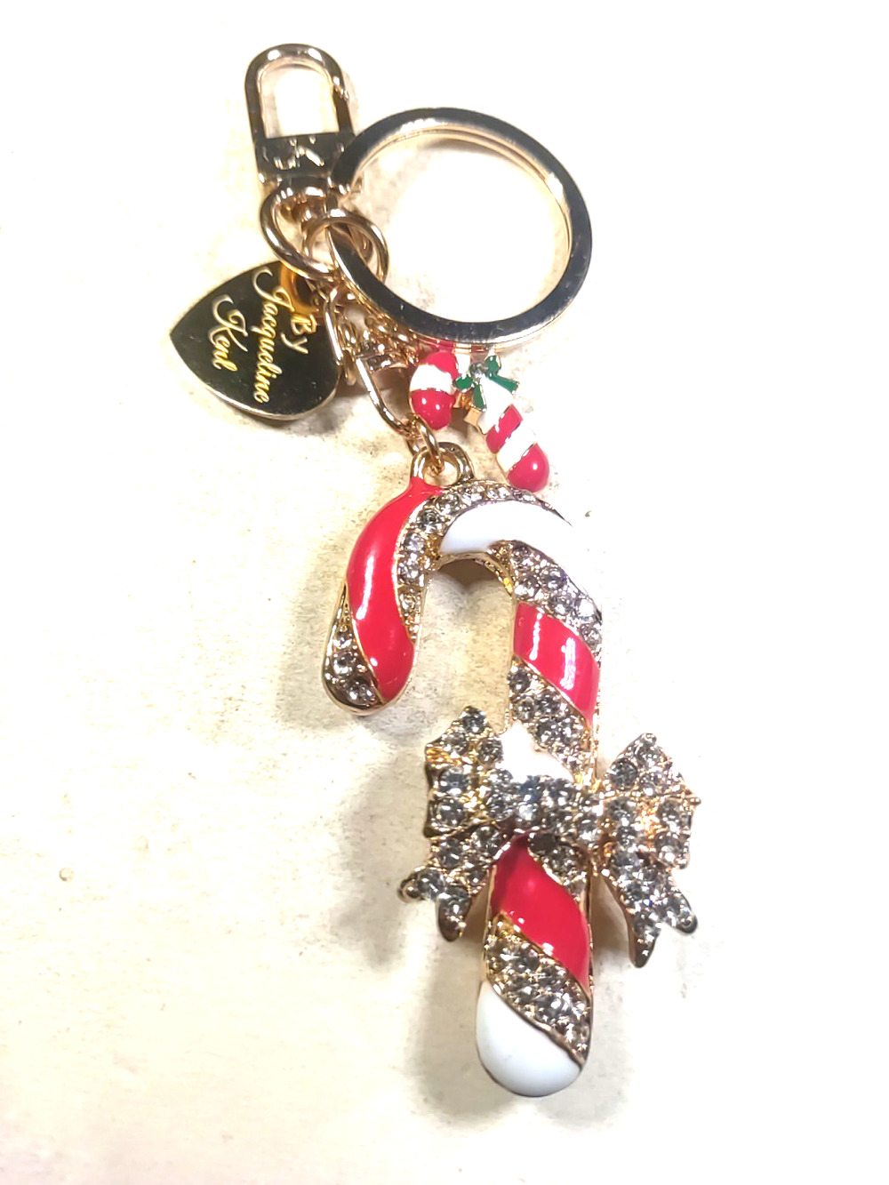 Jacqueline Kent Christmas Keychain Candy Cane Heart Red White Gold Tone
